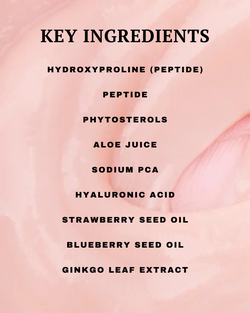 List of key ingredients on a pink background with skin texture