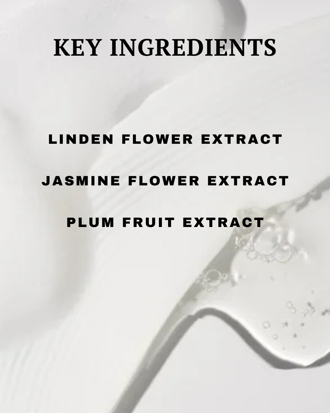 Text overlay of key ingredients on a white background with a close-up of a liquid droplet.
