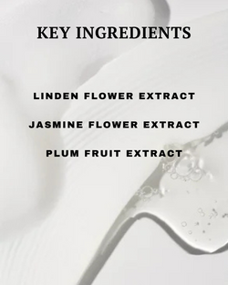 Text overlay of key ingredients on a white background with a close-up of a liquid droplet.