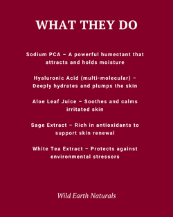 Red background with white text listing skincare ingredients and their functions, branded as Wild Earth Naturals.