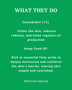 Text on a green background describing the benefits of Cannabidiol and Hemp Seed Oil from Wild Earth Naturals.