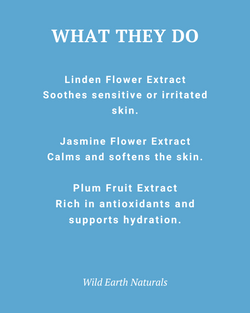 Text on a blue background describing the benefits of linden, jasmine, and plum flower extracts with Wild Earth Naturals branding.