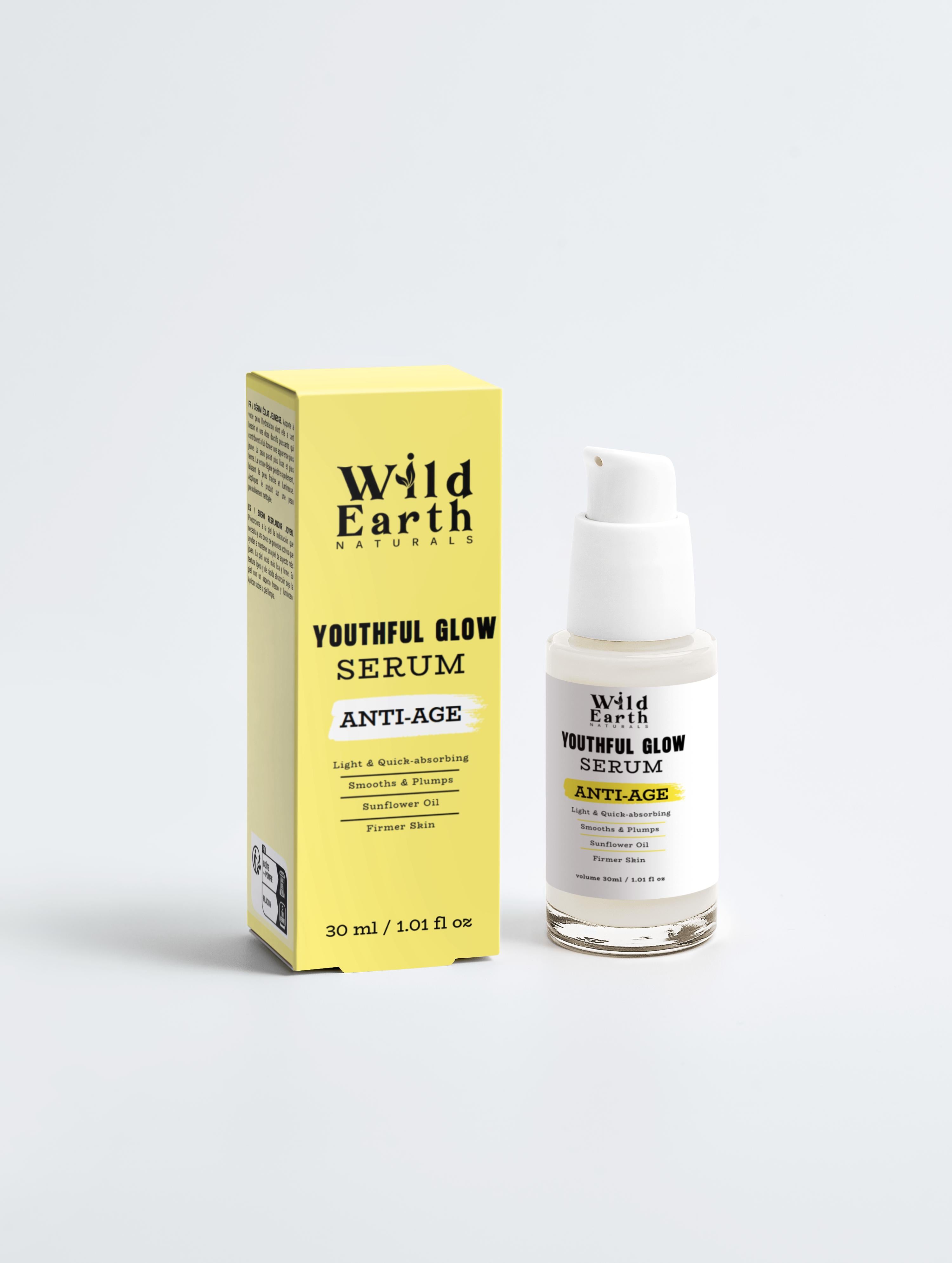 Wild Earth Youthful Glow Serum packaging and bottle on a white background
