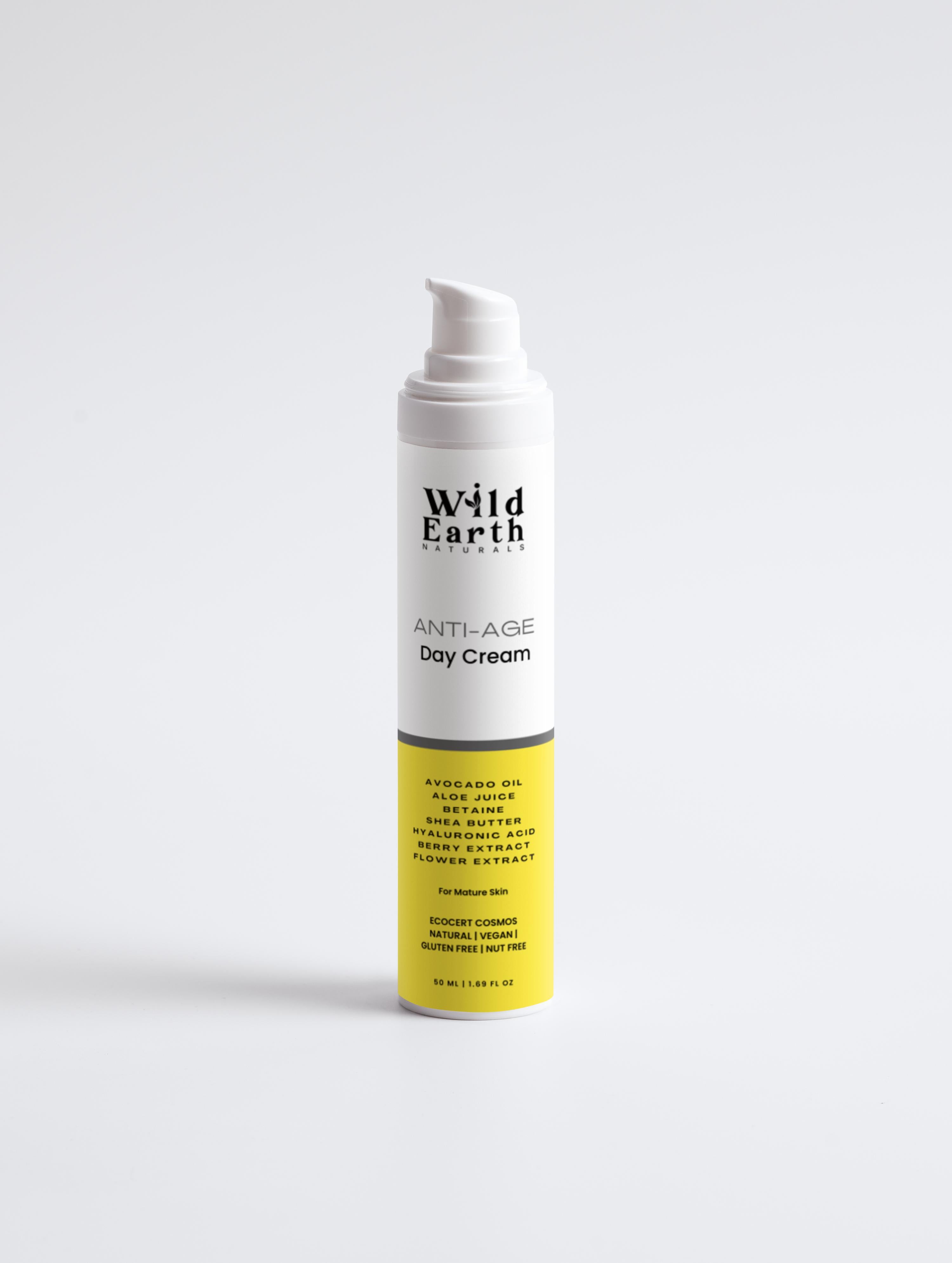 Wild Earth Anti-Age Day Cream bottle on a white background