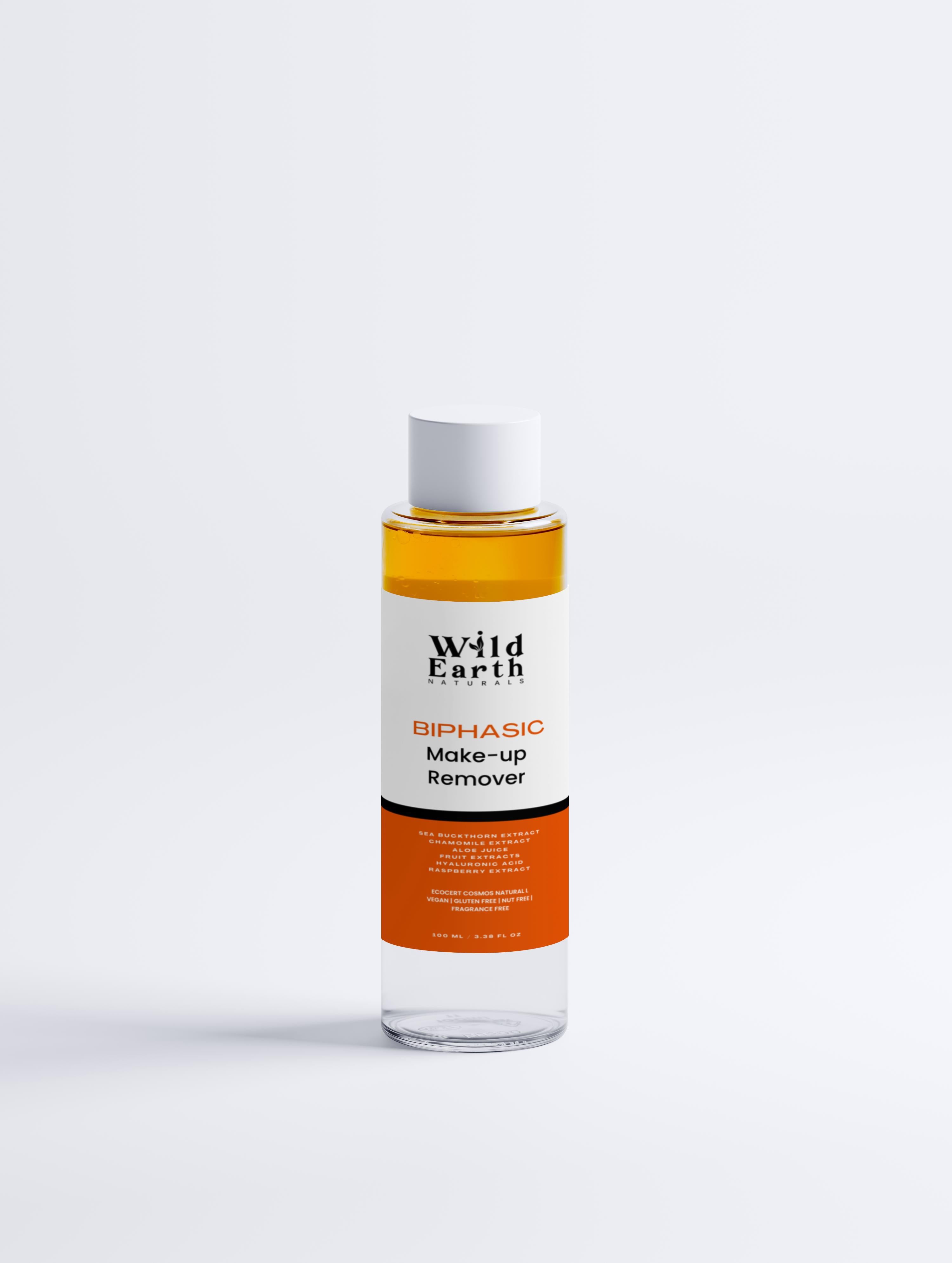 Bottle of Wild Earth Biphasic Make-up Remover on a white background