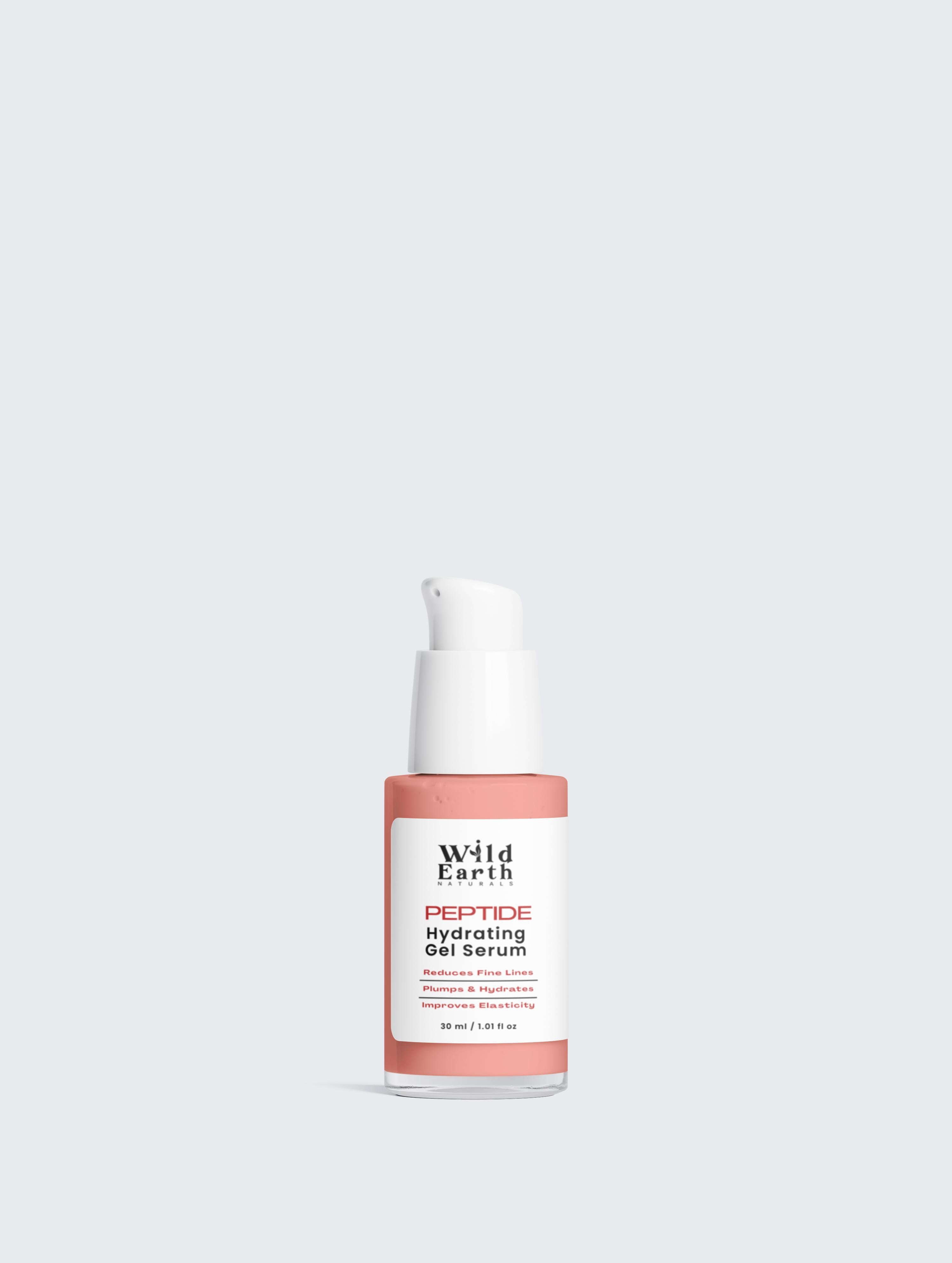 Skincare serum bottle with pink cap and label on a light gray background