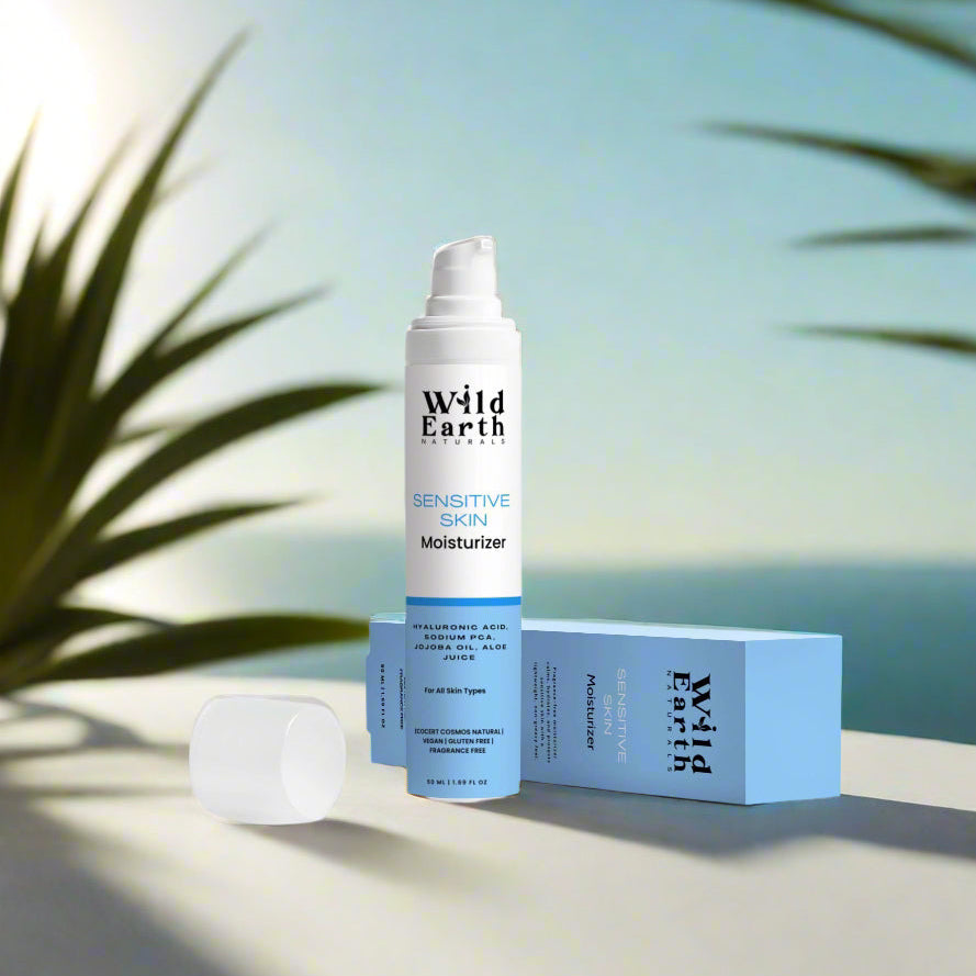 Wild Earth sensitive skin moisturizer with packaging on a white background
