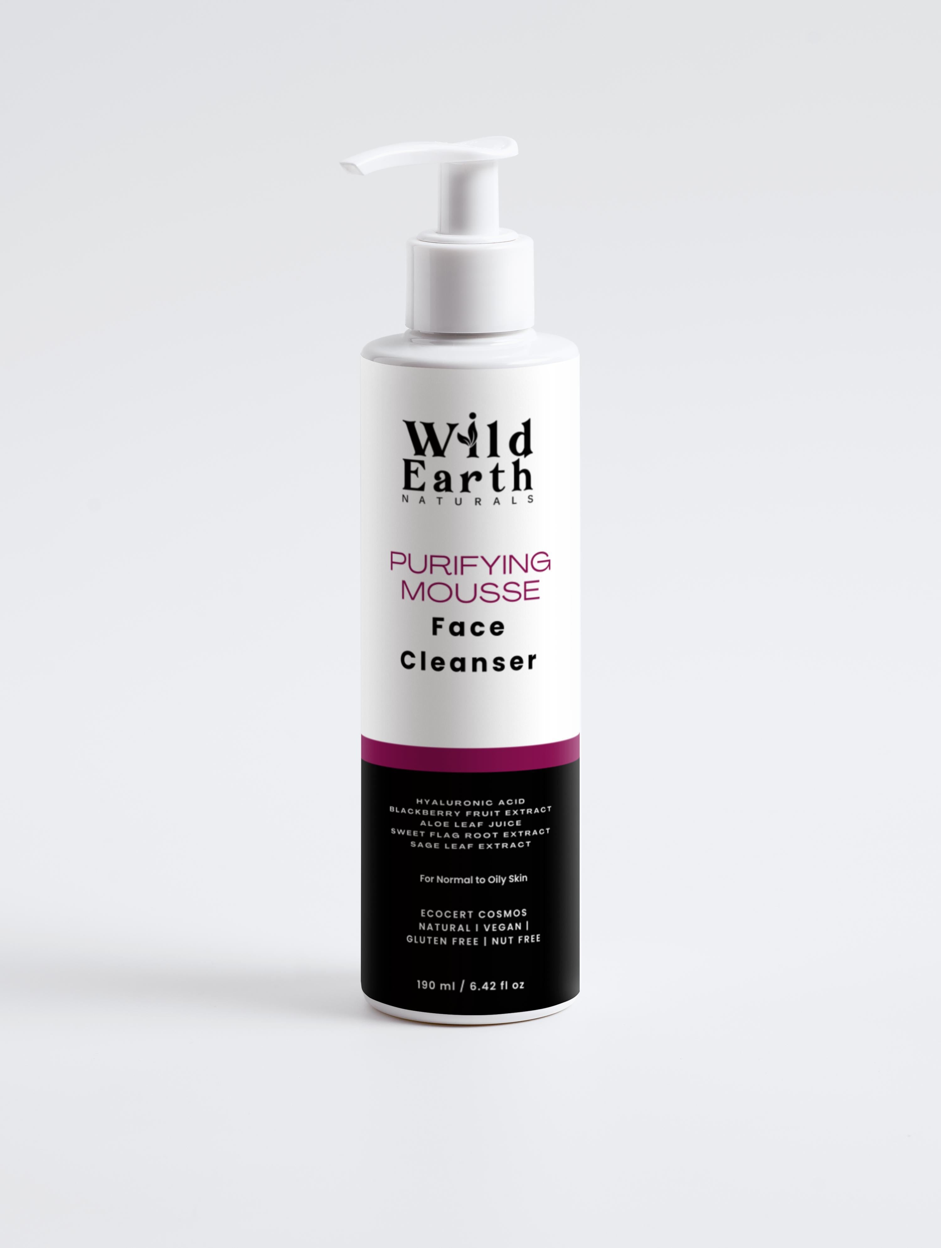 Wild Earth Naturals Purifying Mousse Face Cleanser bottle on a white background