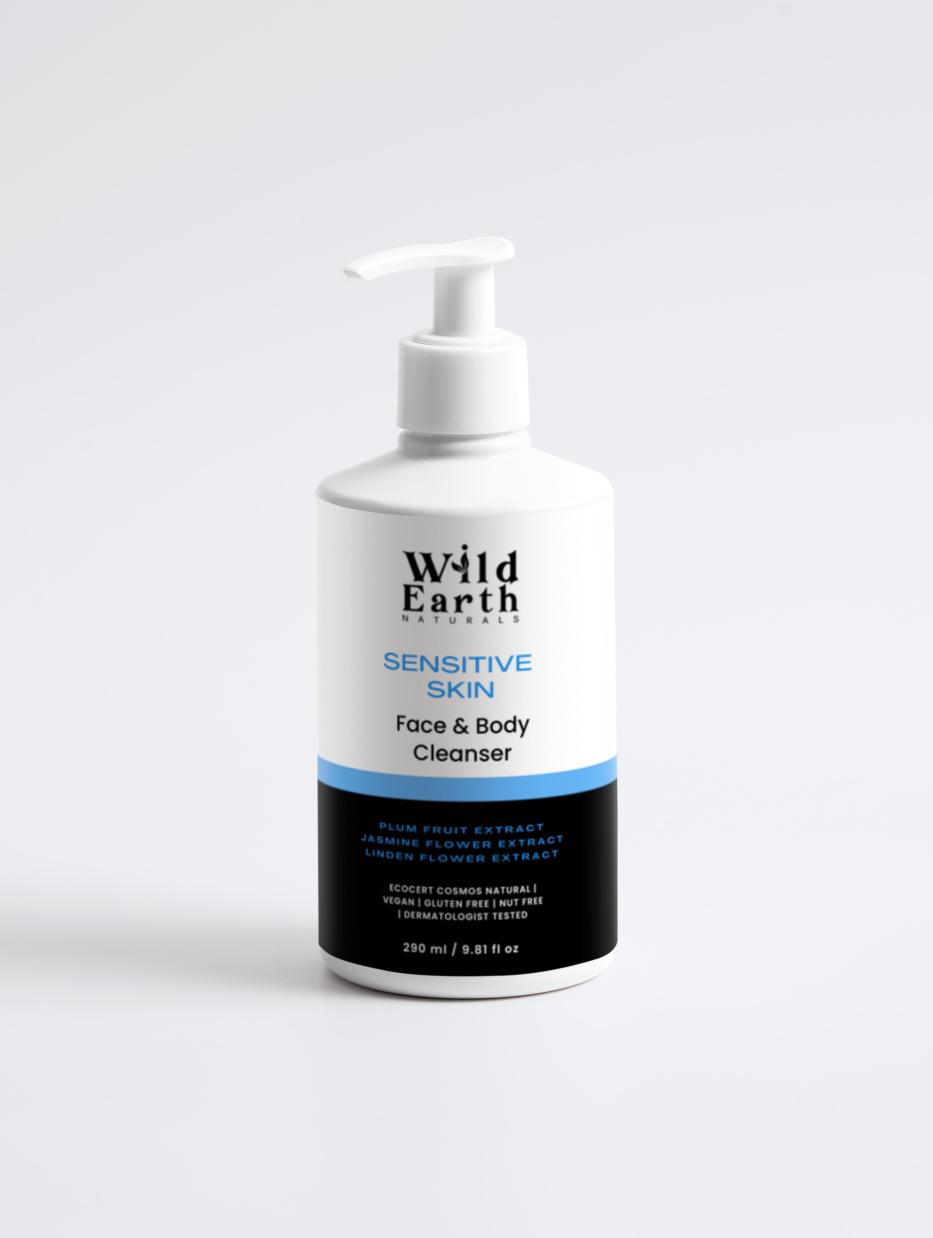 Wild Earth Sensitive Skin Face & Body Cleanser bottle on a white background
