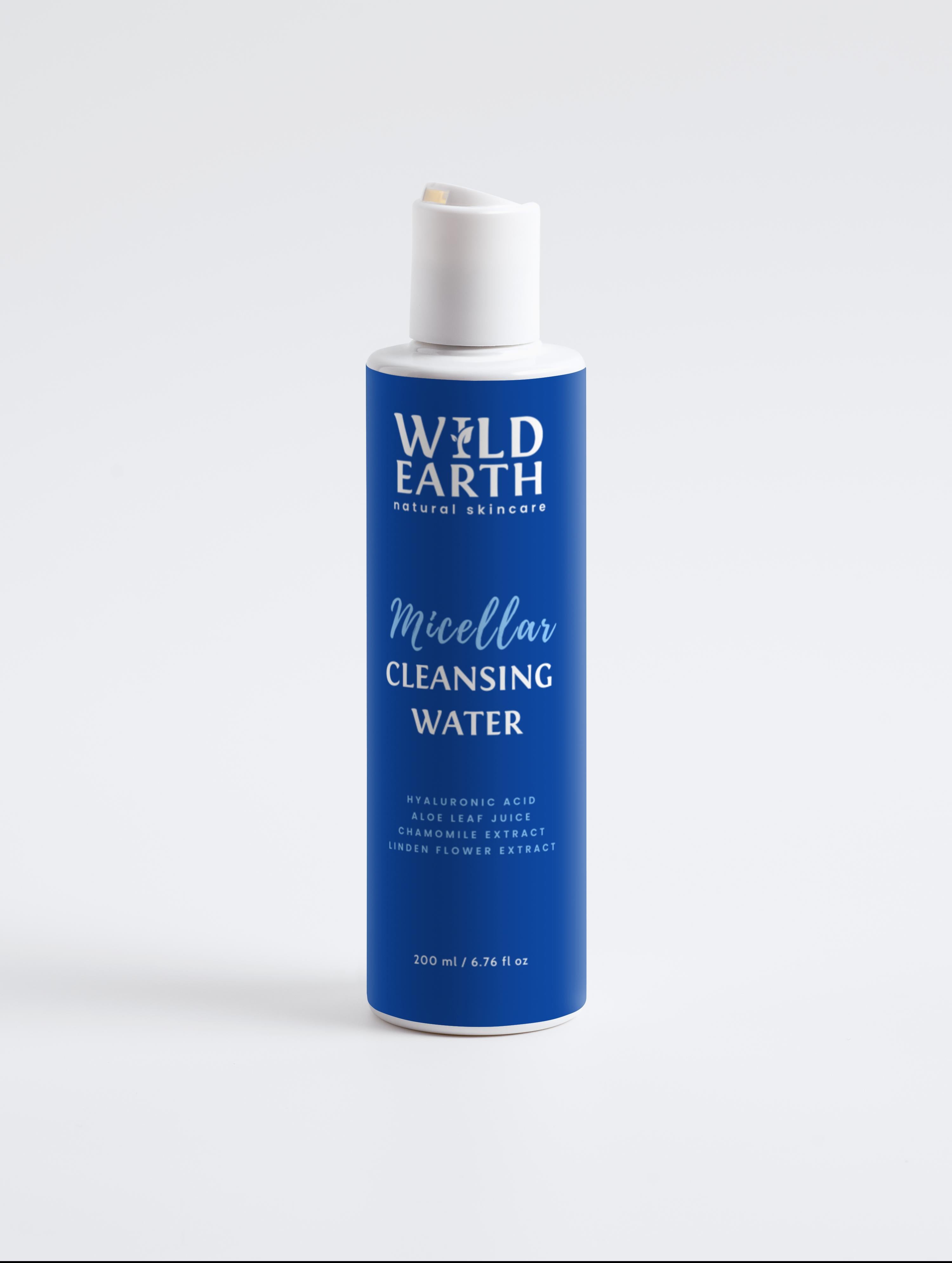 Bottle of Wild Earth Micellar Cleansing Water on a white background