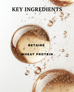 Key ingredients Betaine and Wheat Protein with liquid droplets on a light background