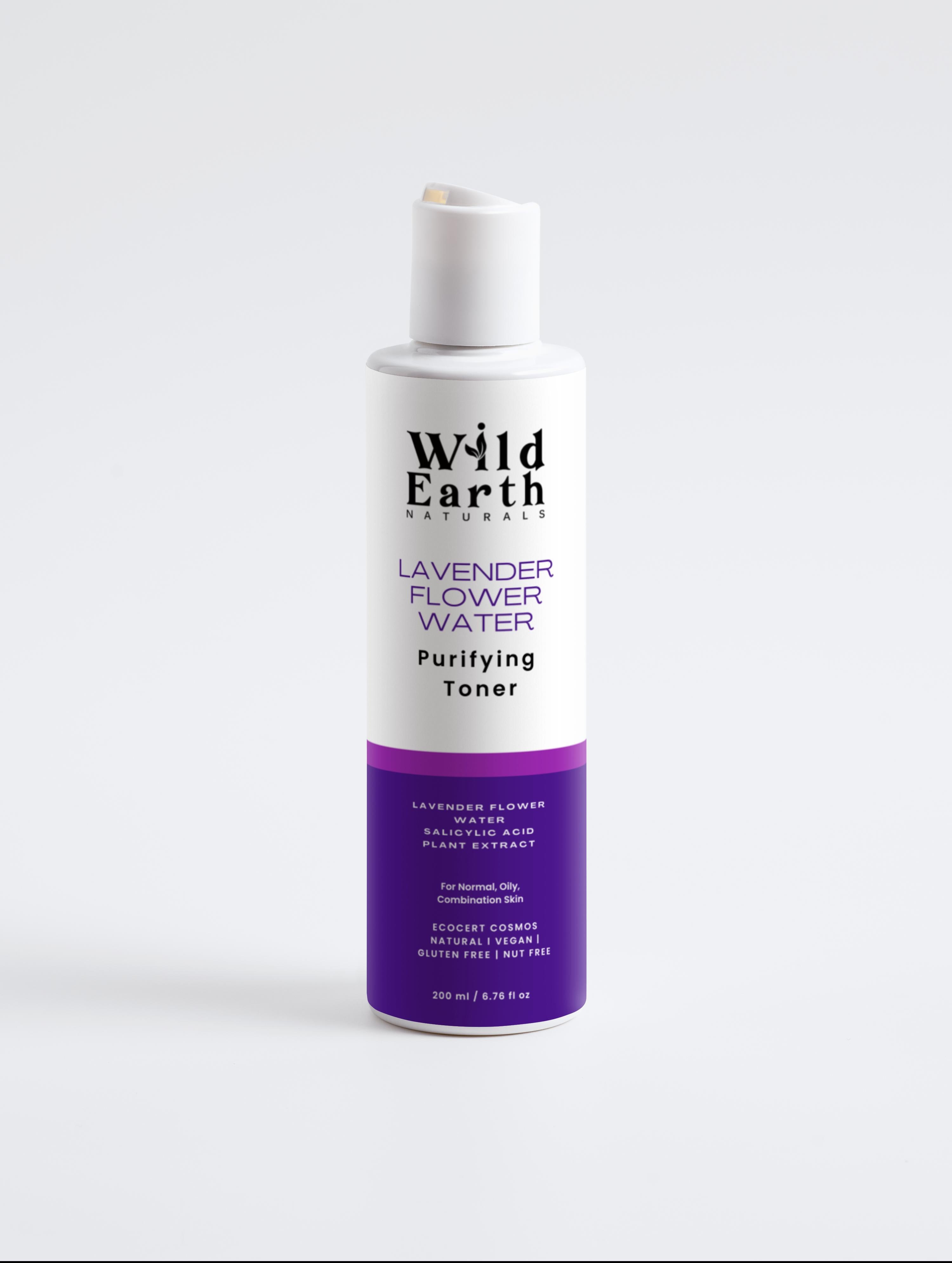 Wild Earth Lavender Flower Water toner bottle on a white background